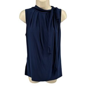 Tiffany & Grey Petite Navy Blue Sleeveless Tie Neck Pleated Blouse Top Large P